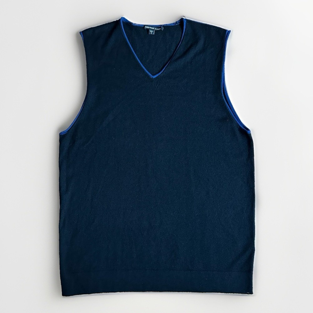 Standard James Perse Sweater Vest Mens Large 3 Black Blue Trim 100% Cashmere